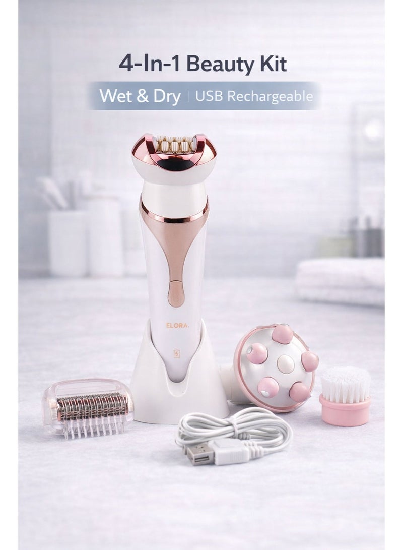 Elora 4-In-1 Women’s Cordless Shaver & Beauty Kit | EL-PC-1998 | Wet & Dry | Waterproof | USB Rechargeable | Pink/White - Image 1